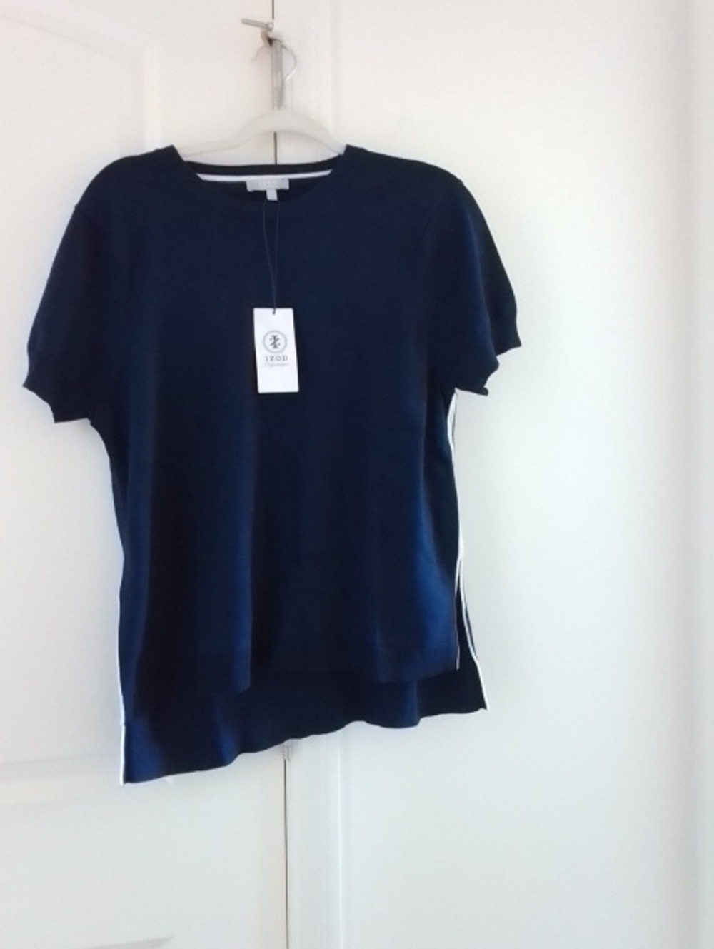 IZOD Womens Navy Short Sleeve Knit Performance Stretch Sweater